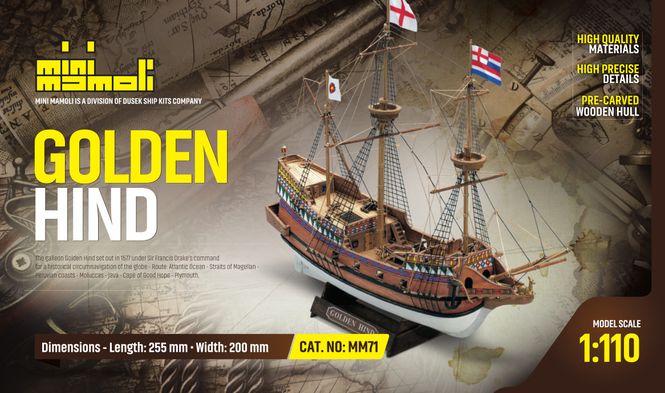 Huvudbild GOLDEN HIND. SKALA 1/110. FÄRDIGFRÄST SKROV.